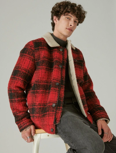 Shop Lucky Brand Men's Plaid Faux Shearling Lined Trucker Jacket In Red