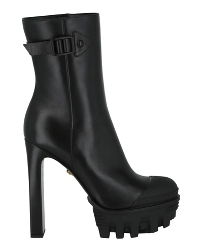 Shop Versace Platform Logo Heeled Boots In Black