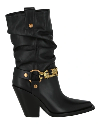 Shop Versace Embellished Heeled Boots In Black