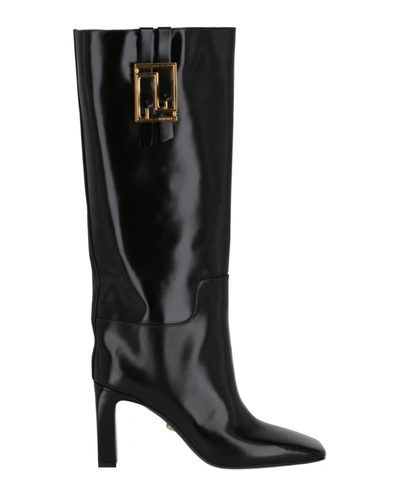 Shop Versace Knee-high Meander Boots In Black