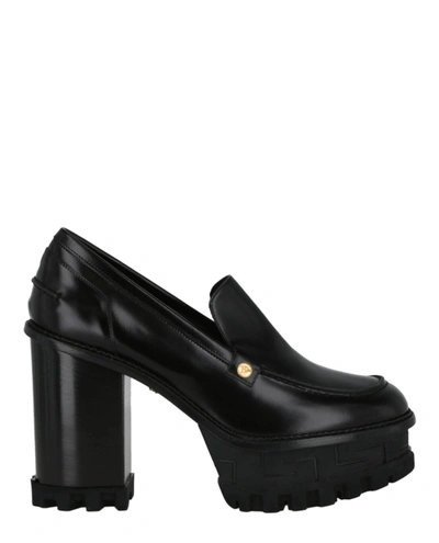 Shop Versace Heeled Leather Loafer In Black