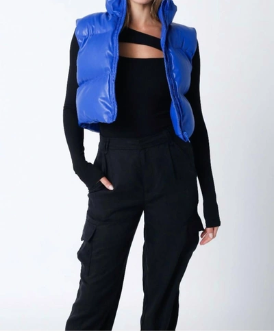 Olivaceous Liza Faux Leather Cropped Puffer Vest In Royal Blue In Blue