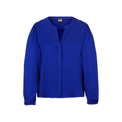 Shop Hugo Boss Collarless Relaxed-fit Blouse In Stretch Silk In Blue