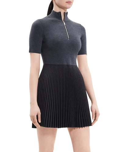 Shop Theory Zip-up Combo Wool-blend Sweaterdress In Grey