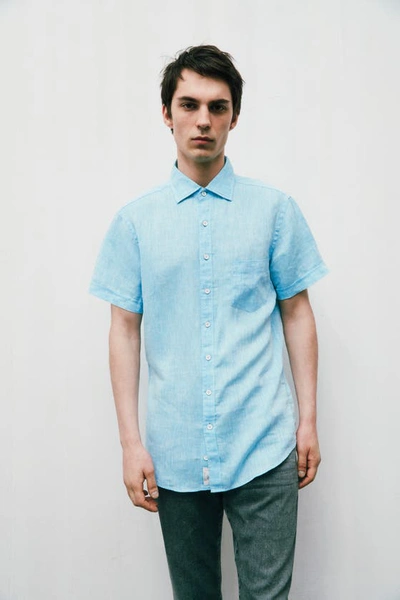 Rodd & Gunn Ellerslie Short Sleeve Linen Button-up Shirt In Cyan