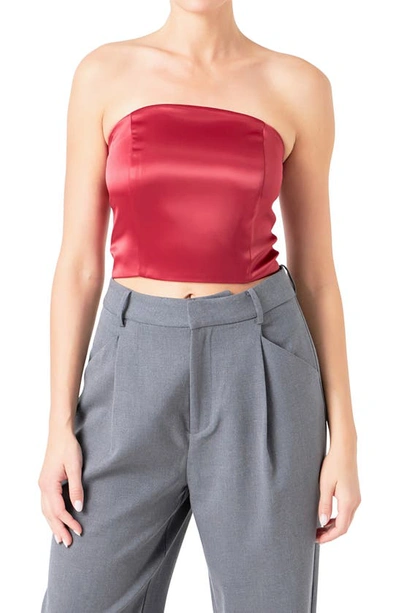 Shop Endless Rose Strapless Satin Crop Top In Ruby