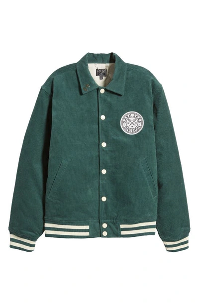 Shop Dark Seas Cotton Corduroy Varsity Jacket In Green