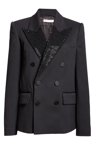 Shop Area Crystal Embellished Double Breasted Stretch Wool Tuxedo Jacket In Black