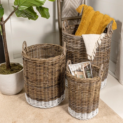 Happimess Ternion Cottage Hand-woven Rattan Nesting Baskets With Handles, Kubu Gray/white (set Of 3)