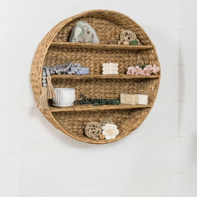 Happimess Annulus 24.5" 3-shelf Circular Handwoven Hyacinth Wall Rack, Natural