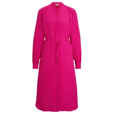 Shop Hugo Boss Belted Dress With Collarless V Neckline And Button Cuffs In Pink