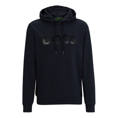 Shop Hugo Boss Cotton-piqu Relaxed-fit Hoodie With Logo Artwork In Blue