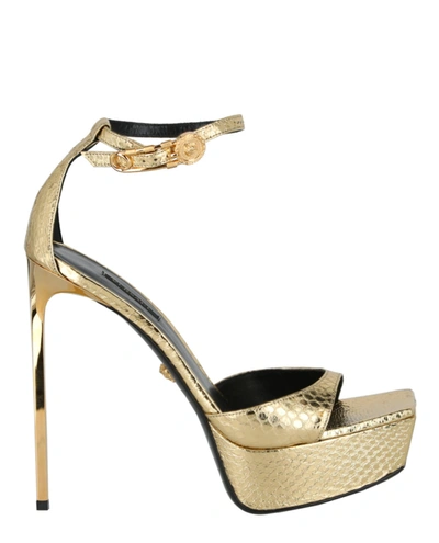 Shop Versace Safety Pin Leather Heeled Sandals In Yellow