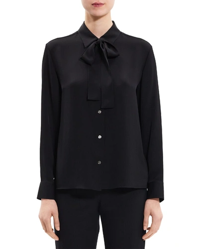 Shop Theory Wide Tie-neck Silk Blouse In Black