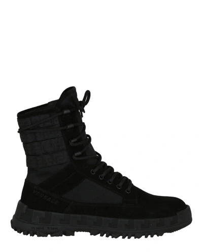 Shop Versace Greca Suede Ankle Boots In Black