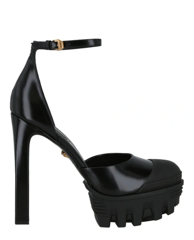 Shop Versace Leather Closed Toe Pump In Black