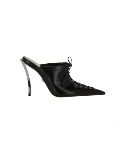 Shop Versace Lace-up Leather Mules In Black