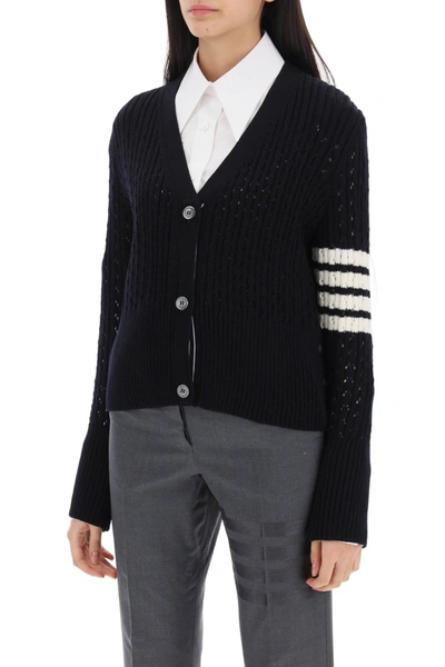 Shop Thom Browne Pointelle Stitch Merino Wool 4-bar Cardigan Women In Blue