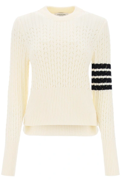 Shop Thom Browne Pointelle Stitch Merino Wool 4-bar Sweater Women In White