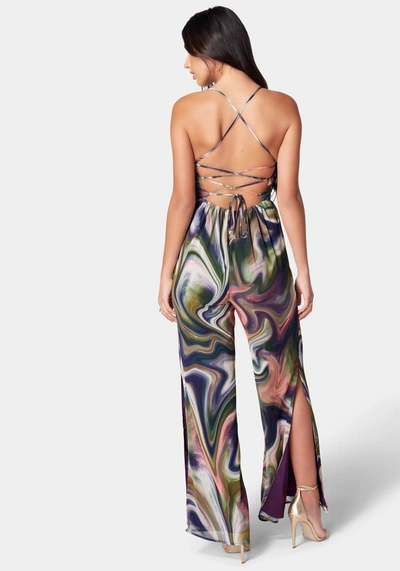 Bebe Issue With Straps Lace-up Side Slit Jumpsuit In Desert Daze