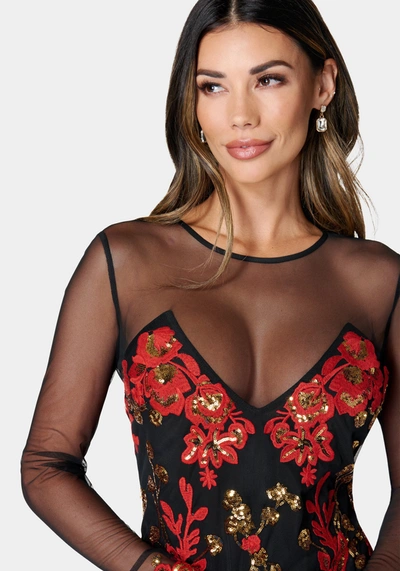 Bebe Embroidered Mesh Midi Dress In Black,red
