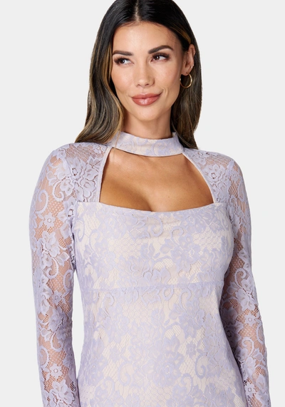Bebe Long Sleeve Lace Mini Dress In Lavendar Gray