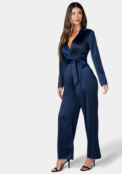 Bebe Satin Blazer Jumpsuit In Astral Aura
