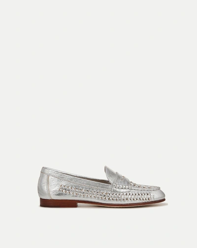 Shop Veronica Beard Penny Woven Metallic Leather Loafer In Silver