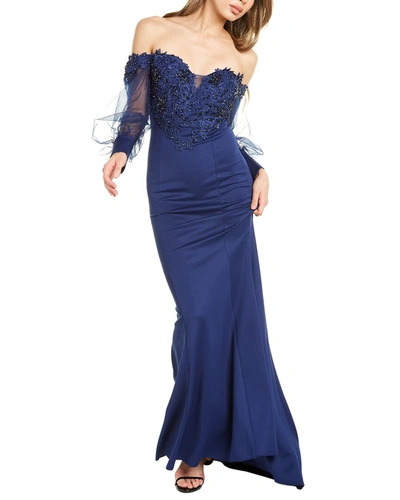Shop Kalinnu Beaded Lace Gown In Blue