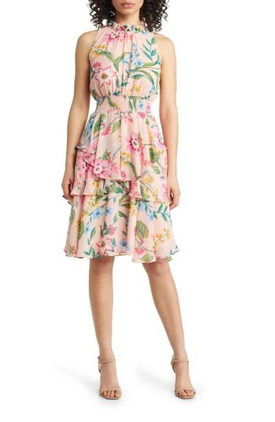 Shop Eliza J Floral Sleeveless Smock Waist Dress In Blush
