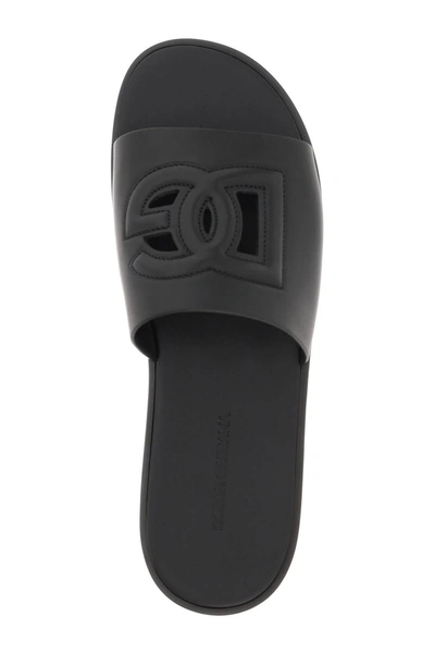 Shop Dolce & Gabbana Leather Slides With Dg Cut Out