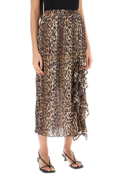 Shop Ganni Pleated Midi Skirt With Leopard Motif