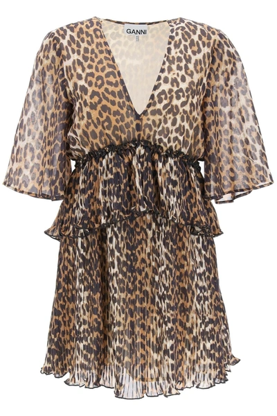 Shop Ganni Pleated Mini Dress With Leopard Motif
