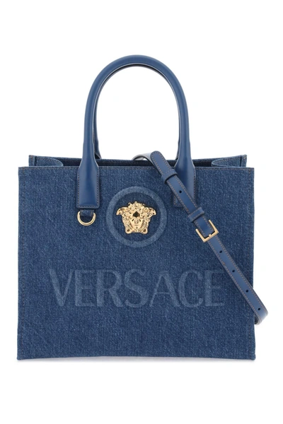 Shop Versace Small Denim La Medusa Tote Bag