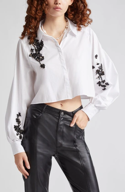Shop Cinq À Sept Selina Sequin Flower Crop Shirt In White/ Black