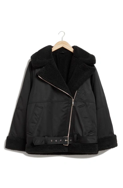 Shop & Other Stories Aviator Jacket In Black W. White Pile Details