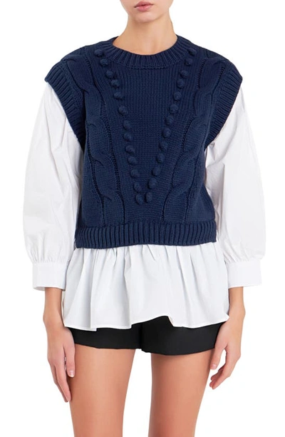 Shop English Factory Mixed Media Cable Stitch Sweater In Navy/ White
