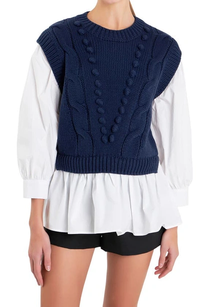 Shop English Factory Mixed Media Cable Stitch Sweater In Navy/ White