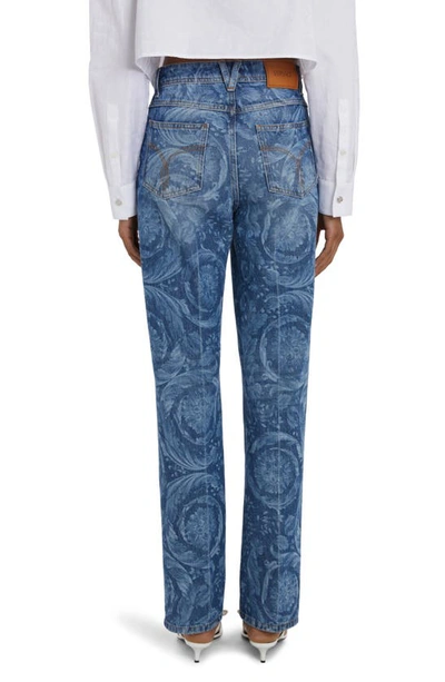 Shop Versace Barocco Laser Print Straight Leg Jeans In Medium Blue
