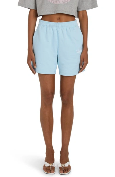 Shop Versace 1978 Re-edition Logo Cotton Sweat Shorts In Pale Blue/ Bianco