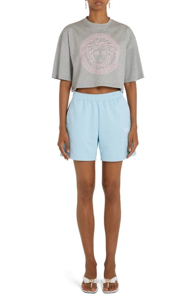 Shop Versace Medusa Crop Cotton Graphic T-shirt In Gray Melange/ Pale Pink
