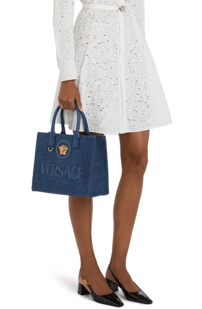 Versace Small La Medusa Denim Tote In Navy/  Gold