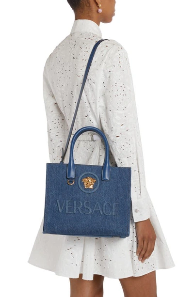 Versace Small La Medusa Denim Tote In Navy/  Gold