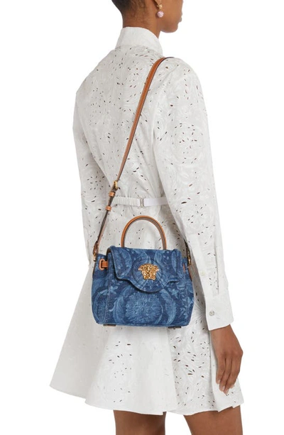 Shop Versace La Medusa Barocco Denim Top Handle Bag In Blue/ Camel/  Gold