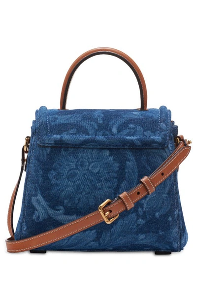 Shop Versace La Medusa Barocco Denim Top Handle Bag In Blue/ Camel/  Gold