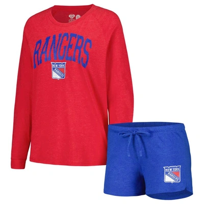 Shop Concepts Sport Blue/red New York Rangers Meter Knit Long Sleeve Raglan Top & Shorts Sleep Set