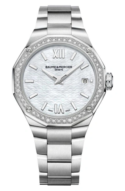 Shop Baume & Mercier Riviera 10662 Automatic Bracelet Watch, 36mm In Silver/ White Mother-of-pearl