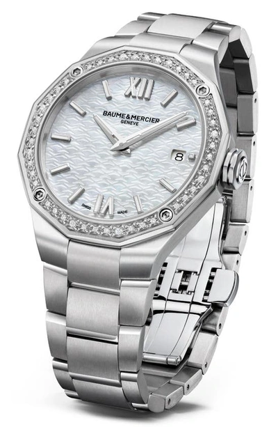 Shop Baume & Mercier Riviera 10662 Automatic Bracelet Watch, 36mm In Silver/ White Mother-of-pearl