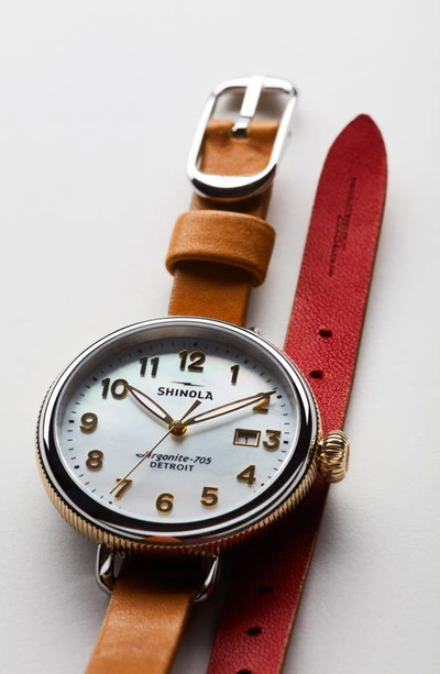 Shop Shinola Birdy Double Wrap Leather Strap Watch, 38mm In White/ Brown