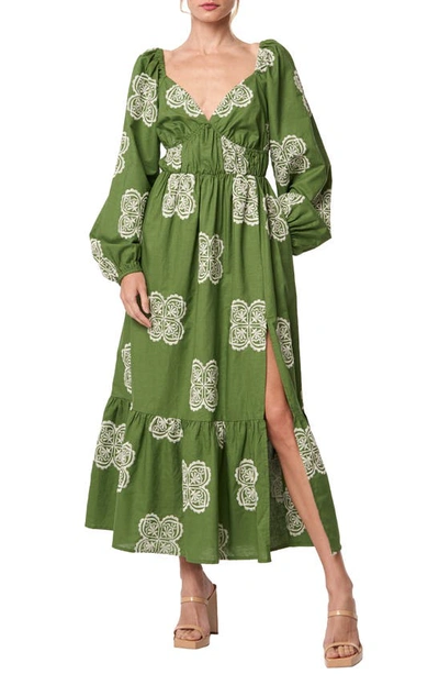 Shop Ciebon Serbita Medallion Embroidery Long Sleeve Cotton & Linen Midi Dress In Green
